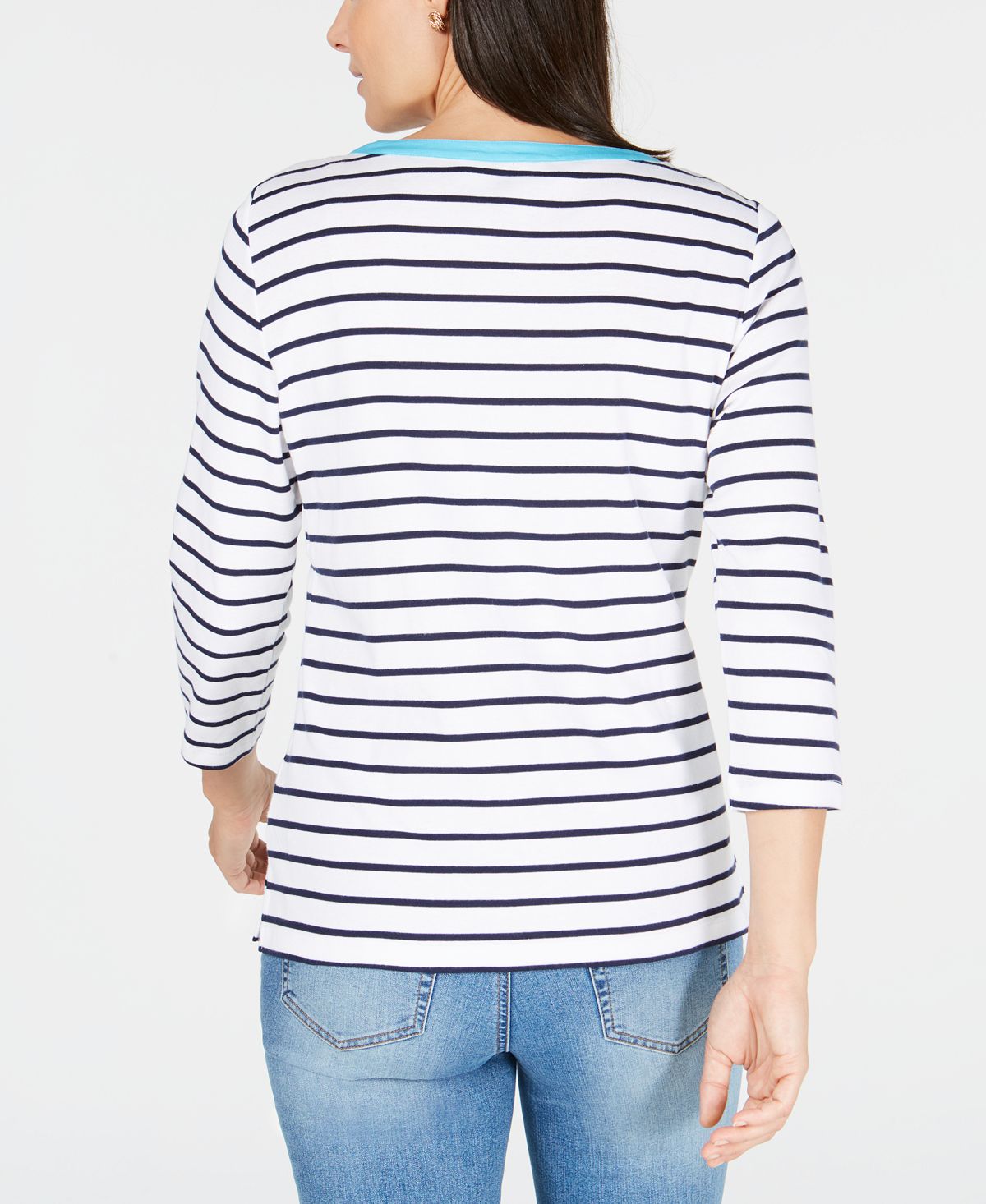 Blusa listrada de algodão com acabamento contrastante Karen Scott, azul, tamanho GG