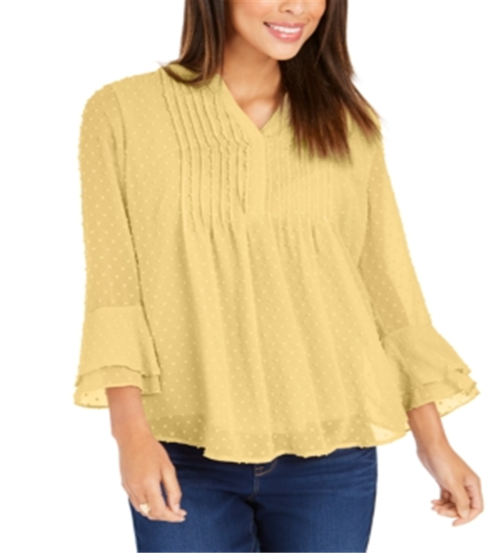 Charter Club Blusa Feminina com Babados Duplos e Textura Pintuck, Amarela, Tamanho Pequeno GG
