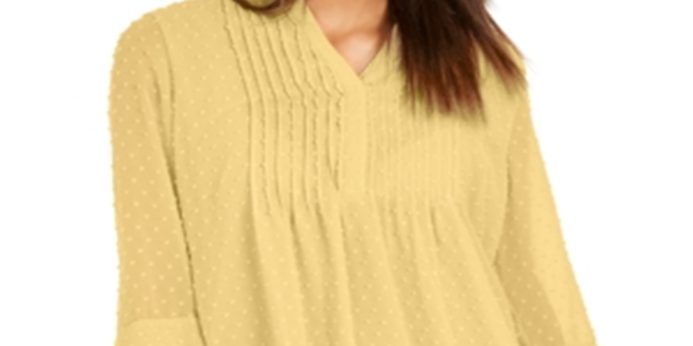 Charter Club Blusa Feminina com Babados Duplos e Textura Pintuck, Amarela, Tamanho Pequeno GG
