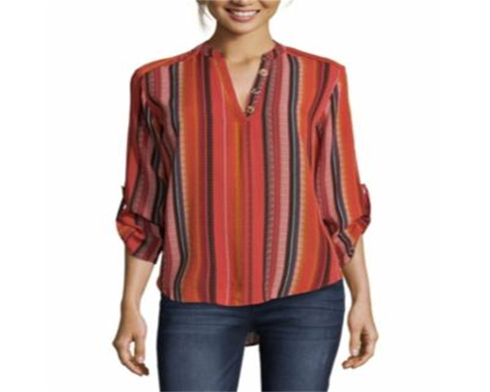 Blusa listrada feminina John Paul Richard com mangas dobradas, vermelha, tamanho pequeno XS