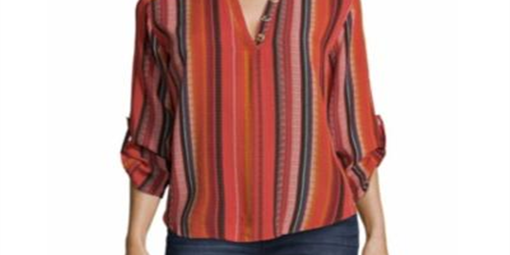 Blusa listrada feminina John Paul Richard com mangas dobradas, vermelha, tamanho pequeno XS