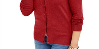 Cardigan feminino de manga comprida com botões na frente, vermelho, tamanho pequeno