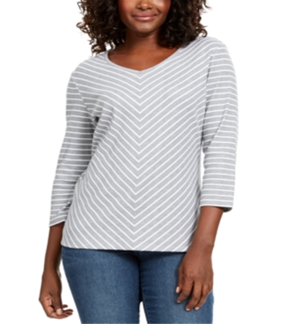Blusa listrada com decote em V Karen Scott, cinza, tamanho XS