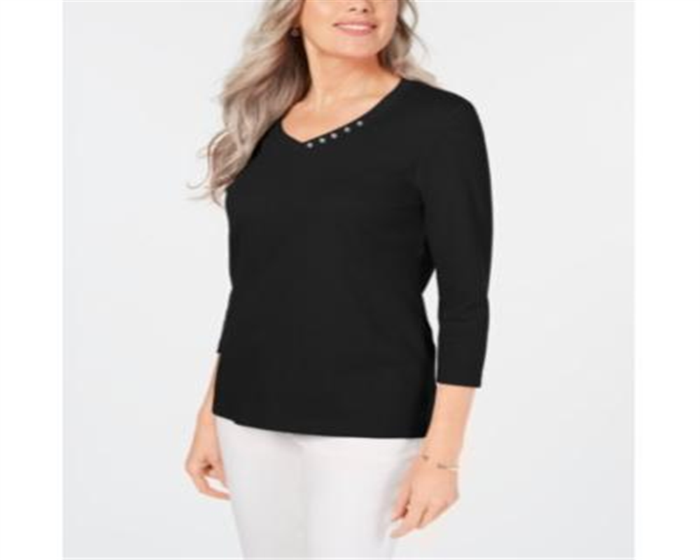 Karen Scott Blusa feminina de algodão com decote em V e acabamento em botões, preta, tamanho X-S