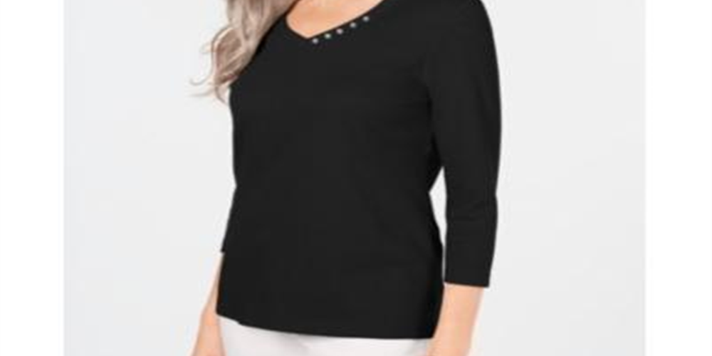 Karen Scott Blusa feminina de algodão com decote em V e acabamento em botões, preta, tamanho X-S