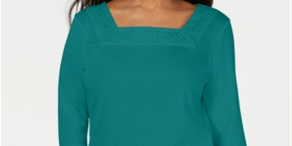 Blusa feminina Karen Scott de crochê com decote quadrado, verde, tamanho pequeno