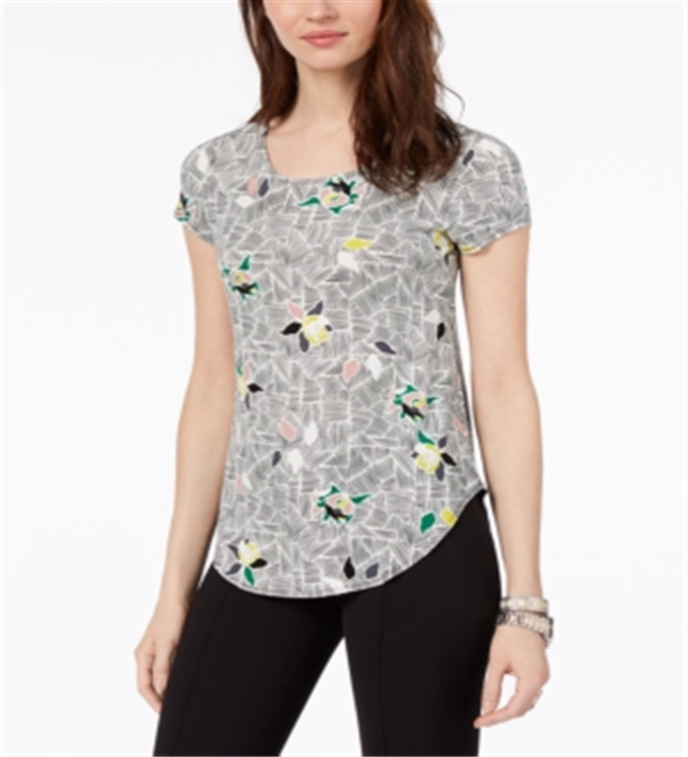 Camiseta feminina Alfani estampada com bainha redonda, cinza, tamanho pequeno médio