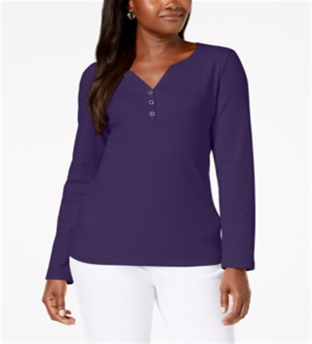 Karen Scott Blusa Feminina de Algodão com Gola Henleyn Roxa Tamanho Pequeno G