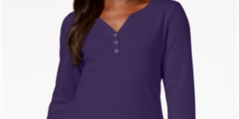 Karen Scott Blusa Feminina de Algodão com Gola Henleyn Roxa Tamanho Pequeno G