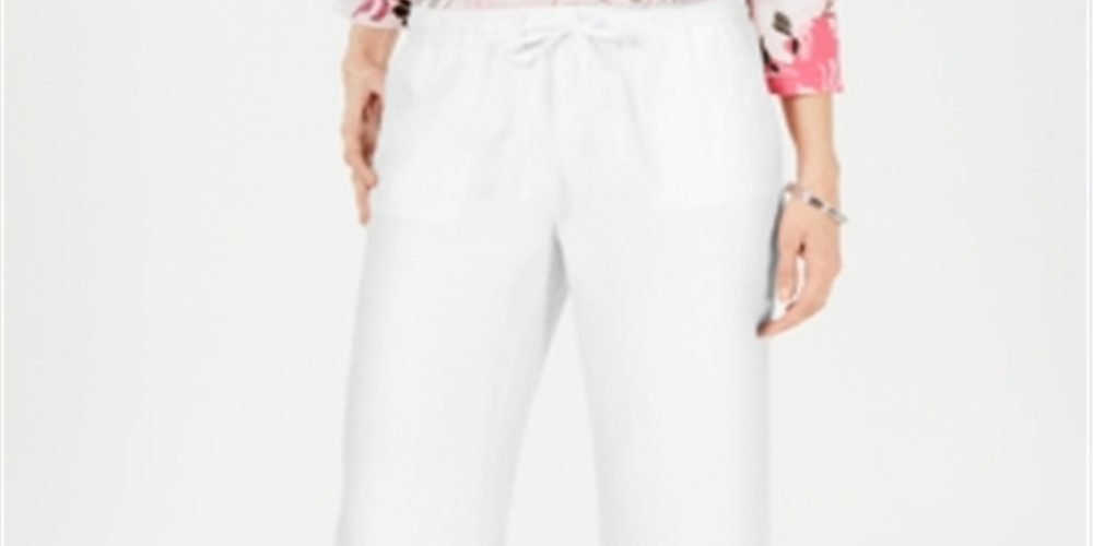 Calça feminina Charter Club de linho com cordão, branca, tamanho pequeno G