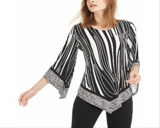 Blusa feminina Alfani com estampa e bainha pontuda, preta, tamanho pequeno G