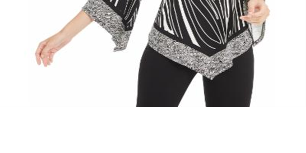 Blusa feminina Alfani com estampa e bainha pontuda, preta, tamanho pequeno G