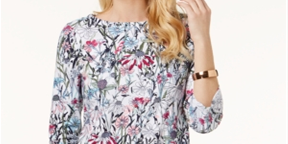 Charter Club Top feminino com botões e manga 3/4 floral, tamanho pequeno, branco