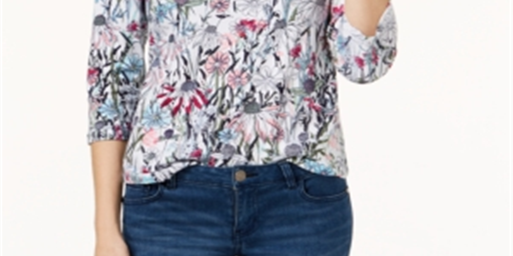 Charter Club Top feminino com botões e manga 3/4 floral, tamanho pequeno, branco