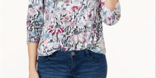 Charter Club Top feminino com botões e manga 3/4 floral, tamanho pequeno, branco