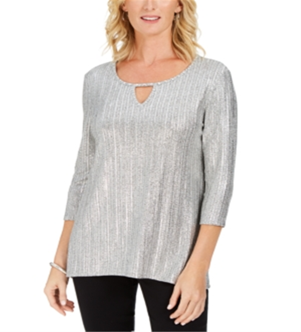 JM Collection Top Feminino Metálico Canelado com Decote em V Cinza Tamanho Pequeno G