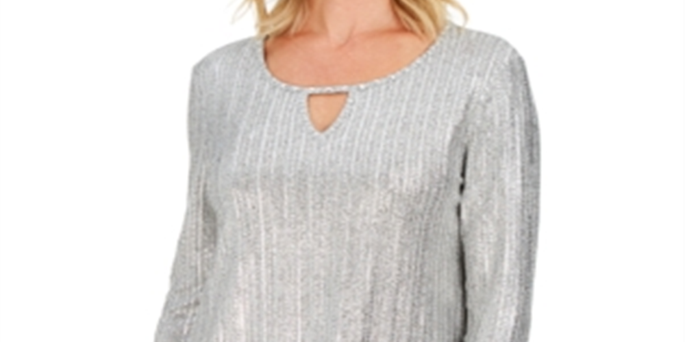 JM Collection Top Feminino Metálico Canelado com Decote em V Cinza Tamanho Pequeno G