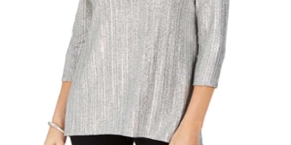 JM Collection Top Feminino Metálico Canelado com Decote em V Cinza Tamanho Pequeno G