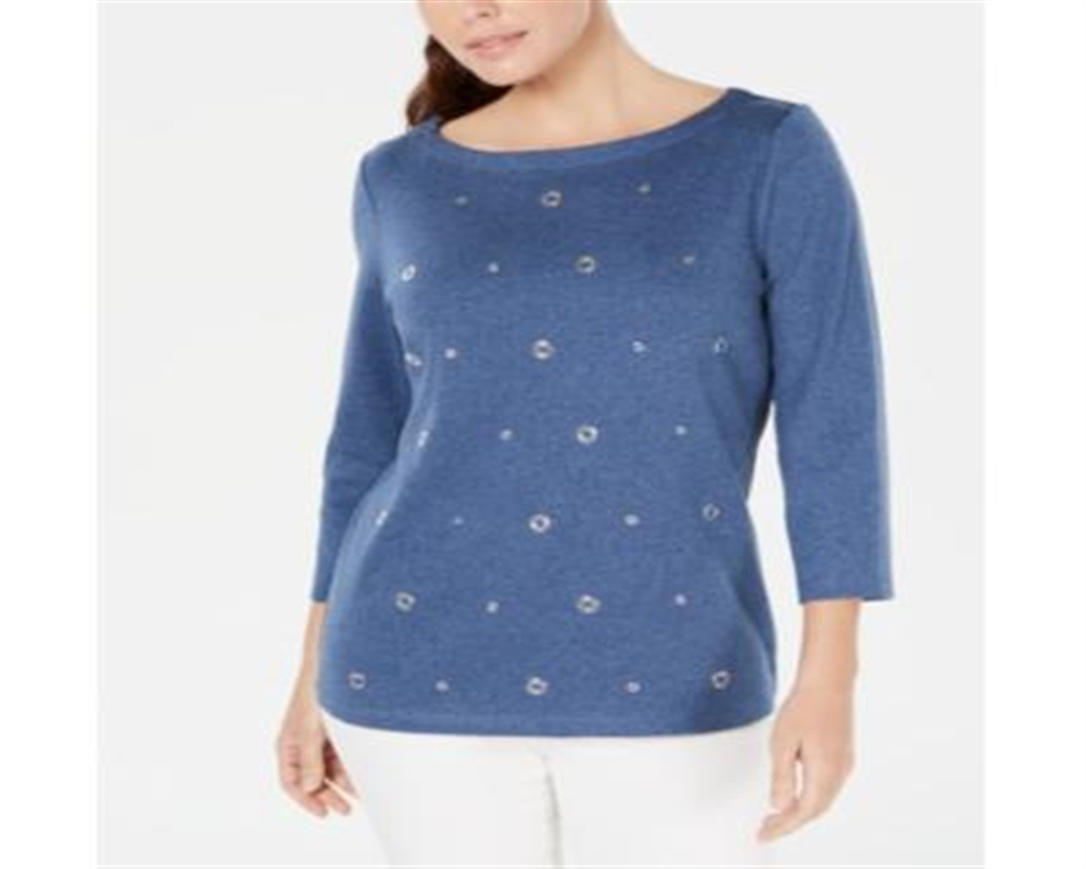Karen Scott Top Feminino de Algodão com Ilhós Azul Tamanho Grande