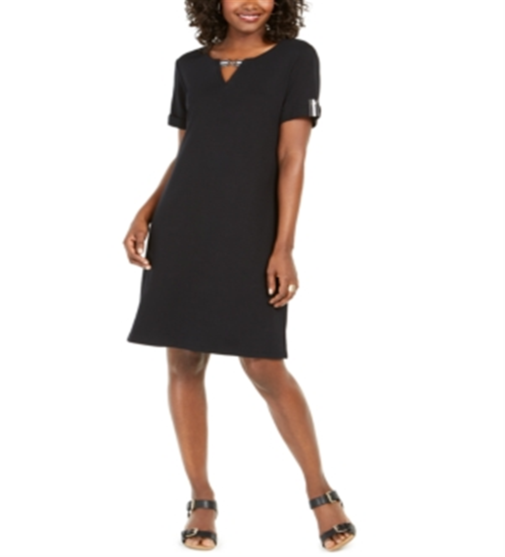 Vestido de algodão com decote em V feminino Karen Scott, preto, tamanho P
