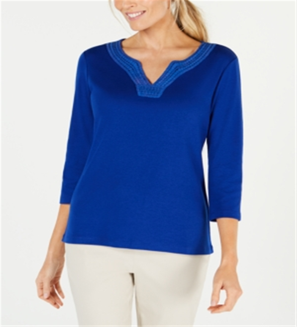 Blusa Karen Scott de algodão com acabamento em crochê e gola dividida, azul, tamanho G