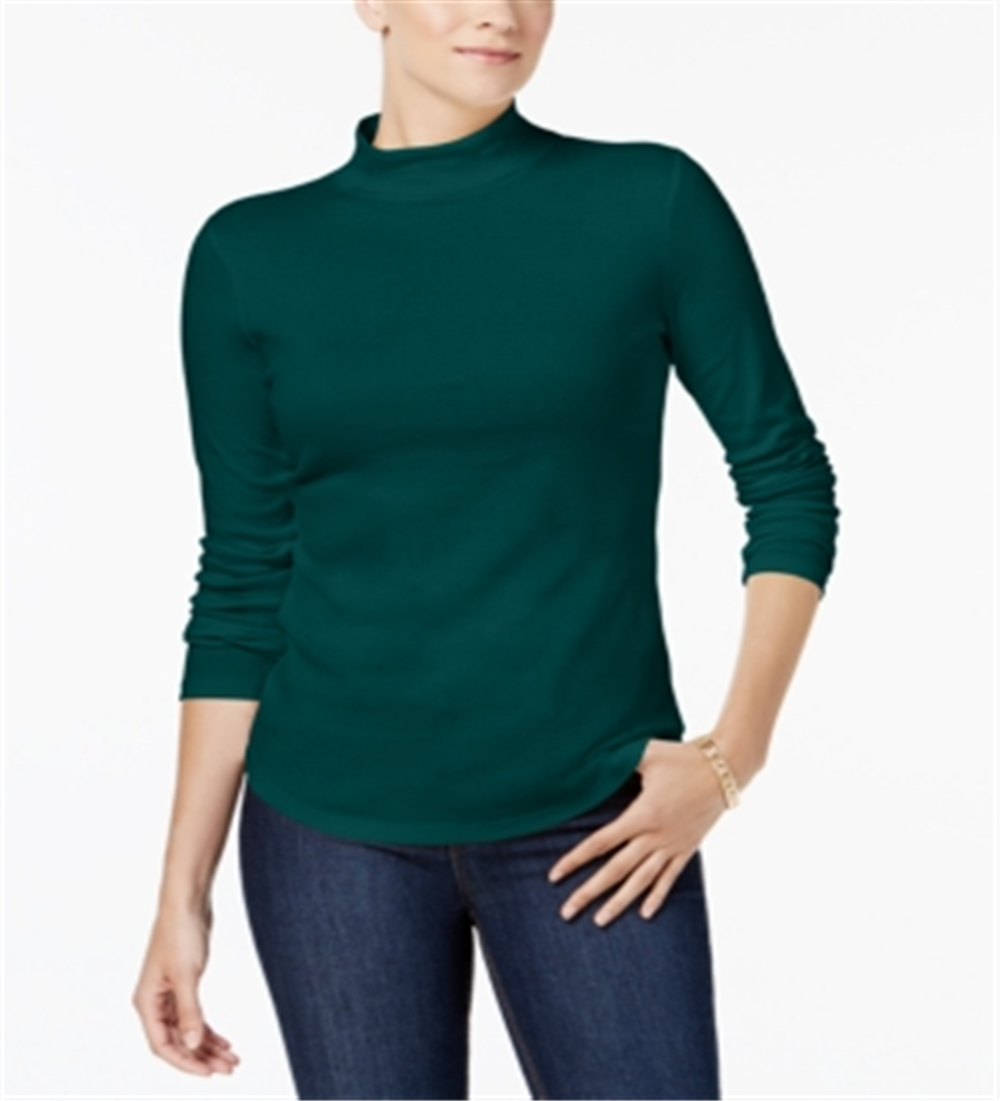Camiseta feminina Charter Club de algodão com gola alta, verde, tamanho X-S