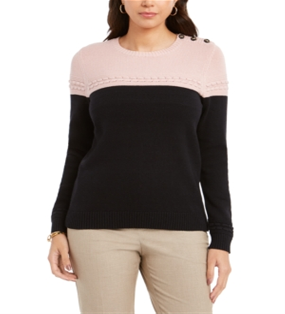 Suéter feminino Charter Club com acabamento em botões e blocos de cores, rosa e preto, tamanho pequeno P