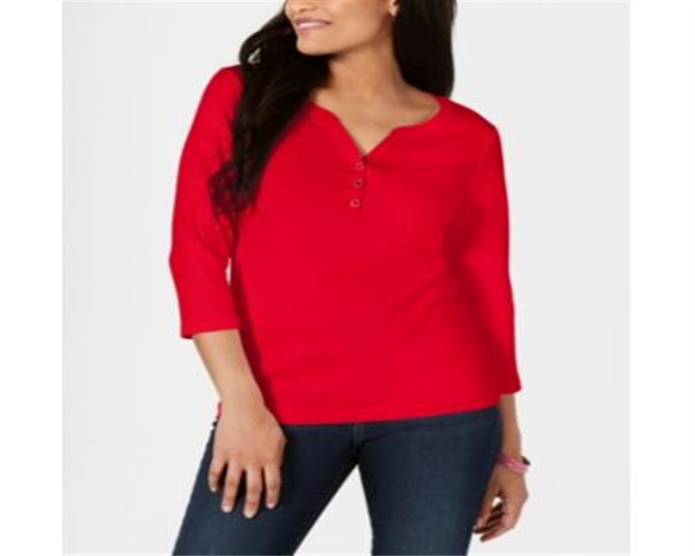 Karen Scott Top Henley de algodão feminino vermelho tamanho X-S