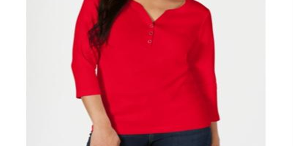 Karen Scott Top Henley de algodão feminino vermelho tamanho X-S