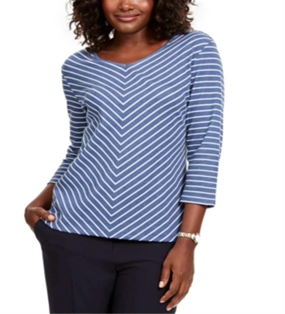 Blusa feminina listrada com decote em V Karen Scott, azul, tamanho X-S