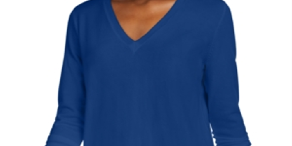 Suéter feminino Maison Jules com decote em V, azul, tamanho extrapequeno