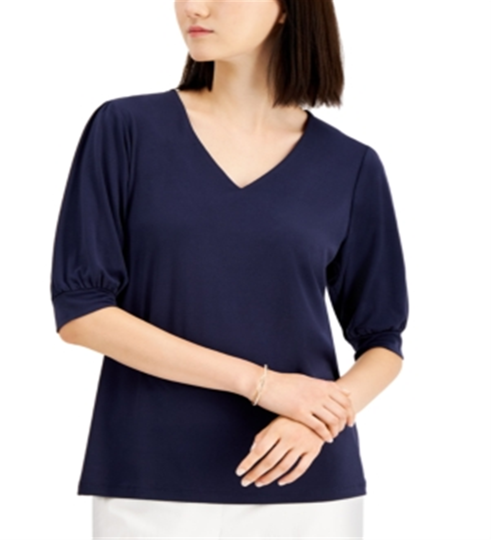 JM Collection Blusa feminina com manga bufante e decote em V, azul, tamanho extragrande