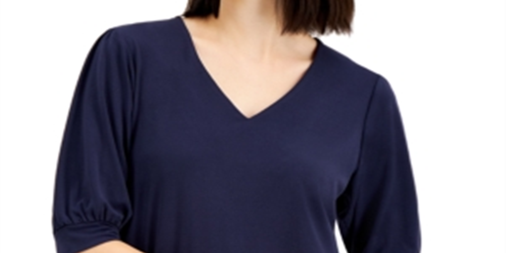 JM Collection Blusa feminina com manga bufante e decote em V, azul, tamanho extragrande