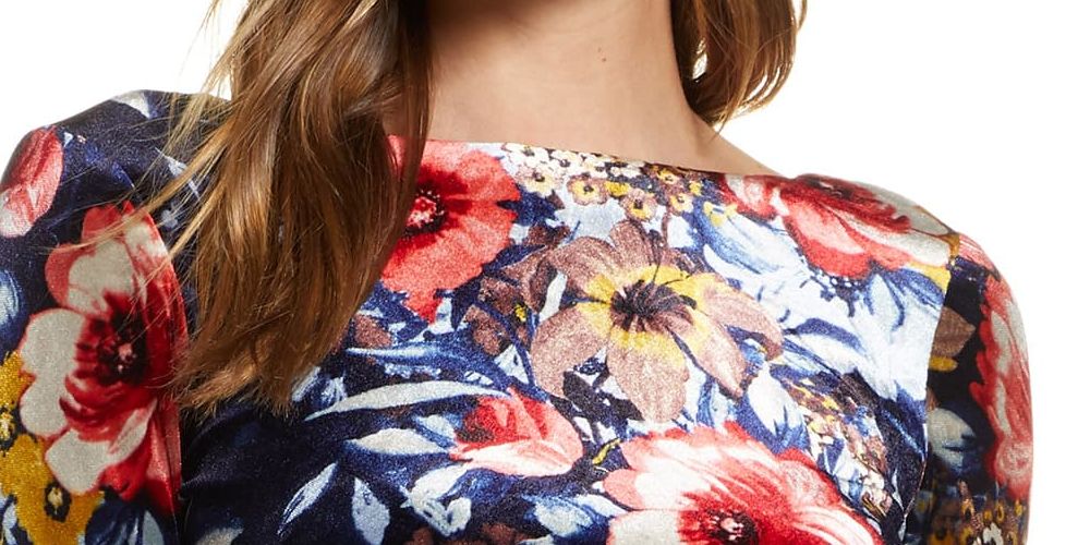 Vestido feminino Vince Camuto de veludo elástico com manga comprida e estampa floral, azul, tamanho 2
