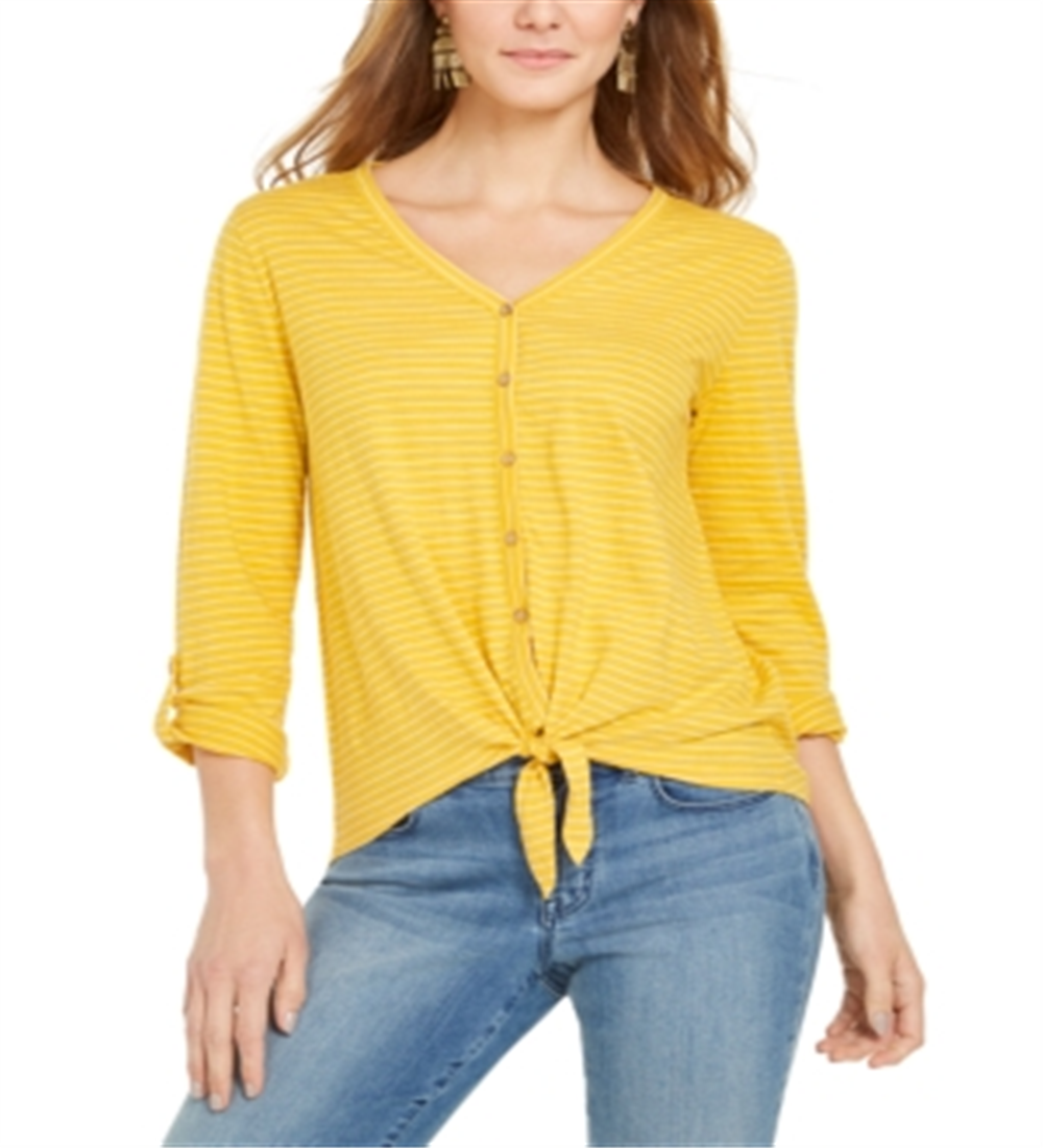 Blusa listrada com amarração frontal feminina Style &amp; Co, amarela, tamanho pequeno