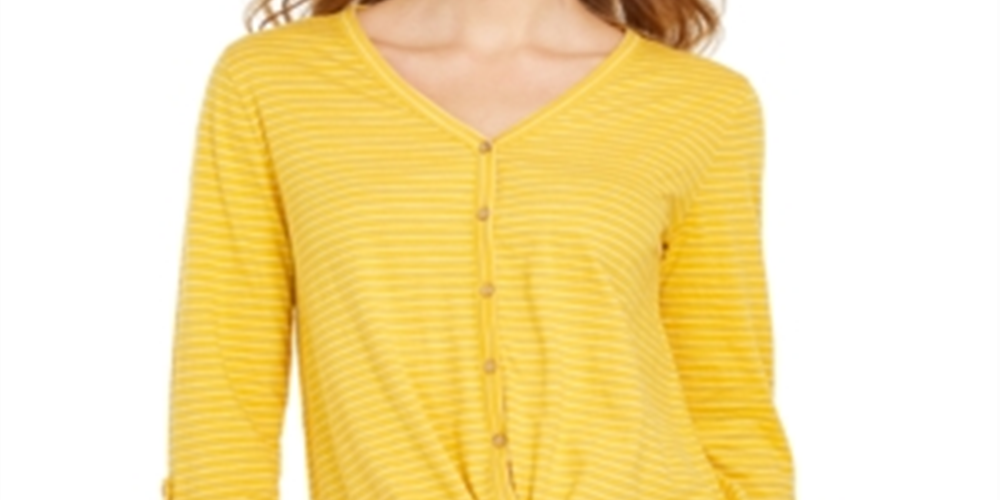 Blusa listrada com amarração frontal feminina Style &amp; Co, amarela, tamanho pequeno