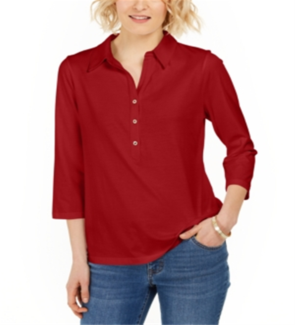 Camisa polo feminina Charter Club Supima Cotton manga 3/4 vermelha tamanho pequeno