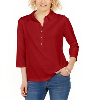 Camisa polo feminina Charter Club Supima Cotton manga 3/4 vermelha tamanho pequeno