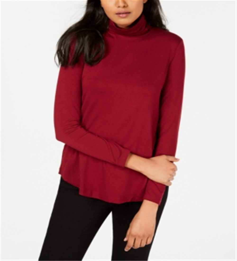 JM Collection Blusa feminina de manga comprida e gola alta, vermelha, tamanho pequeno
