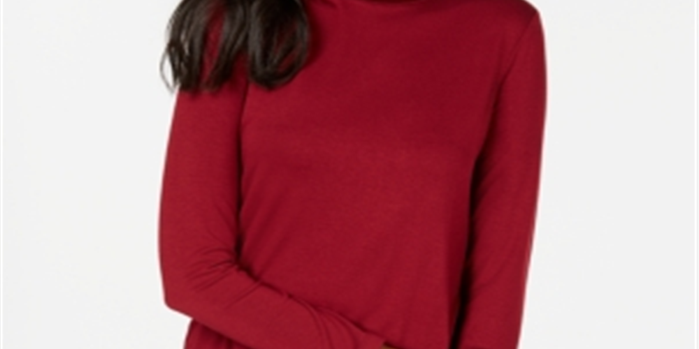 JM Collection Blusa feminina de manga comprida e gola alta, vermelha, tamanho pequeno
