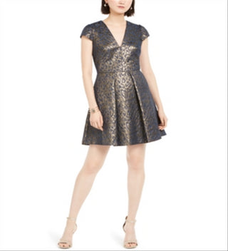 Vestido feminino Vince Camuto com corte justo e flare em jacquard metálico, azul, tamanho 4