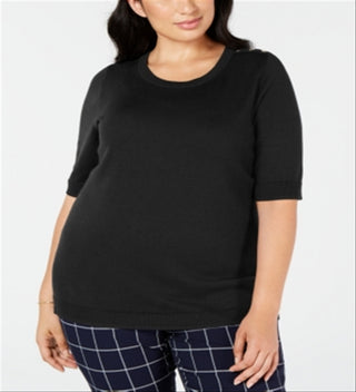 Suéter feminino Charter Club com acabamento canelado e mangas curtas, gola redonda, preto, tamanho 1X