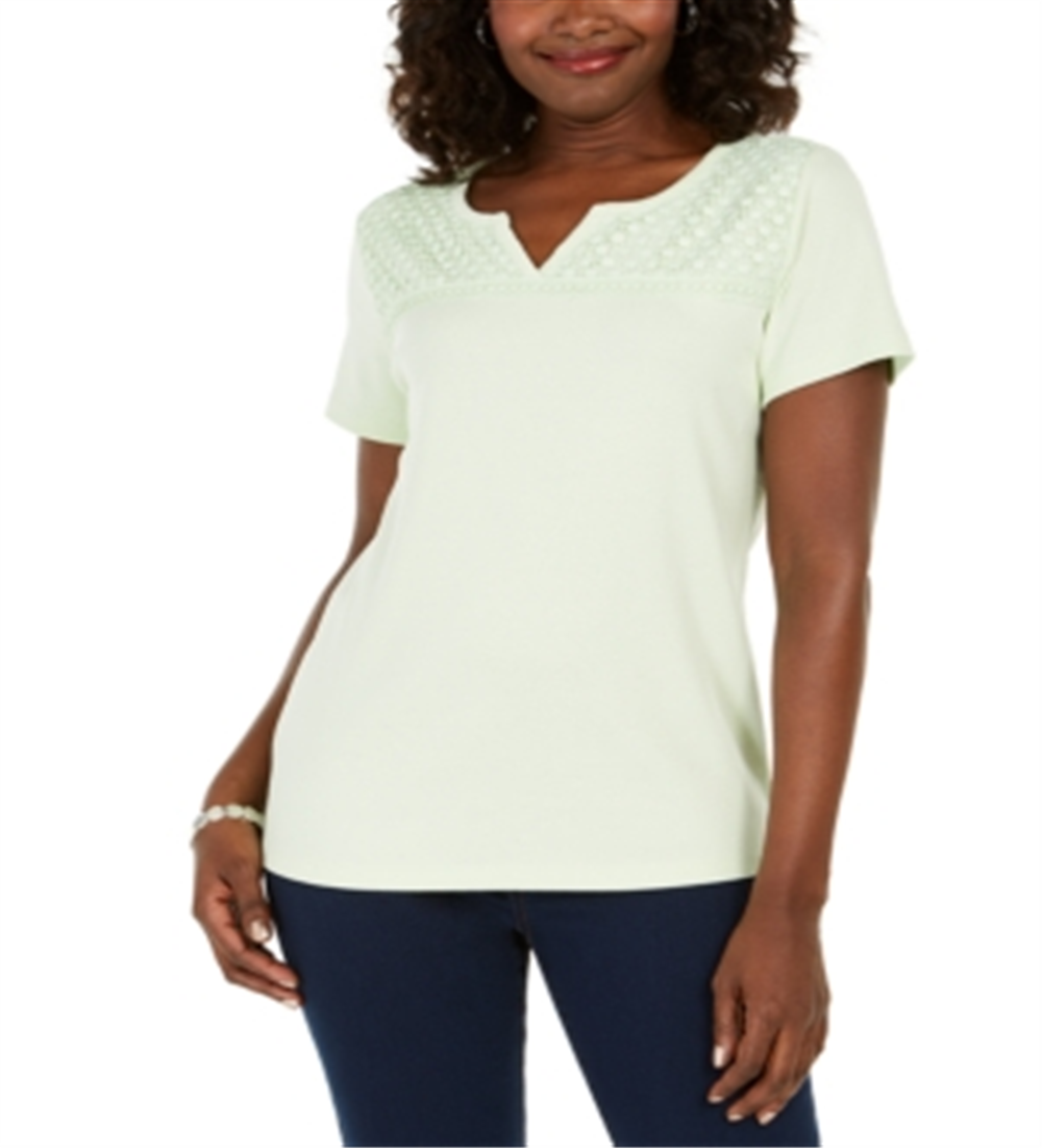 Blusa feminina Karen Scott com decote dividido e acabamento em crochê, verde, tamanho médio