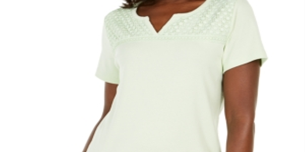 Blusa feminina Karen Scott com decote dividido e acabamento em crochê, verde, tamanho médio