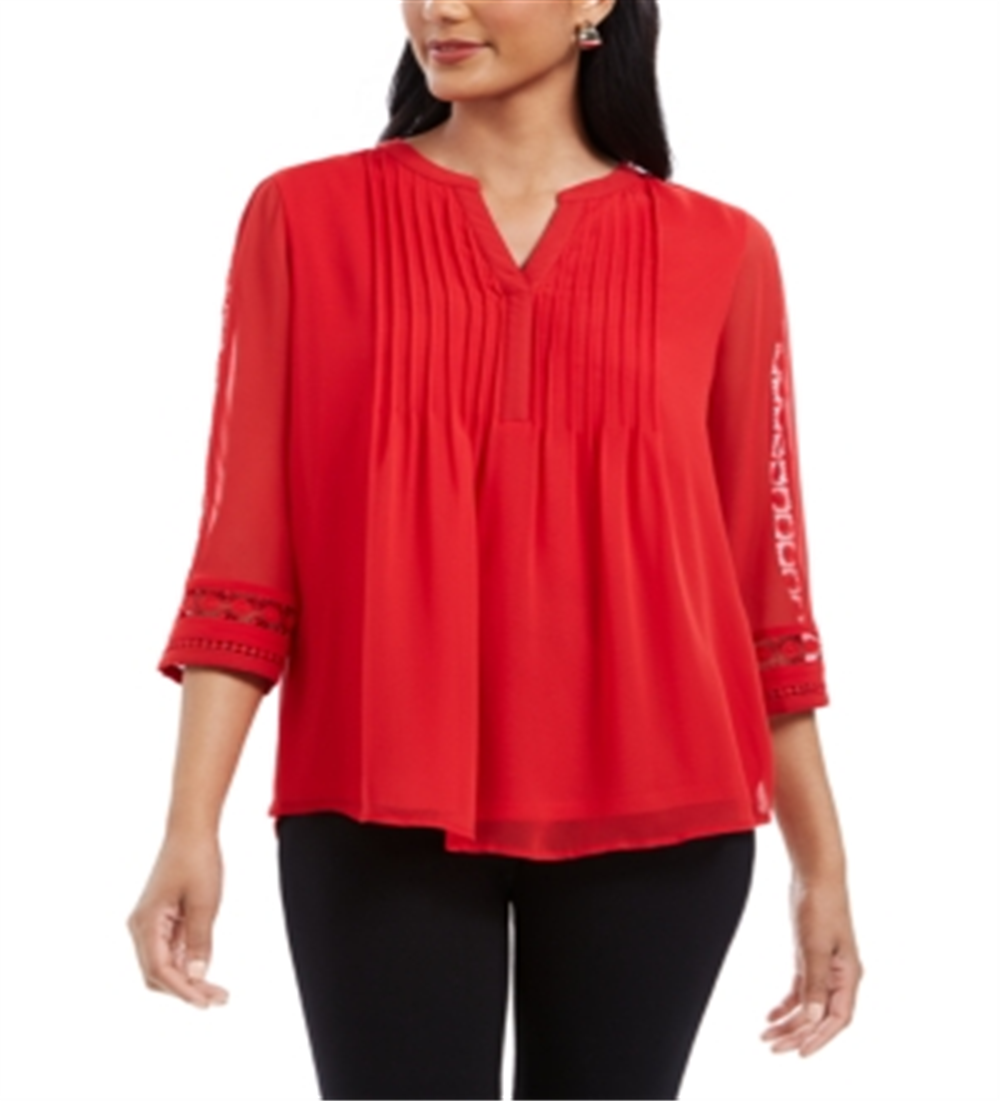 Top feminino Charter Club com manga transparente e pregas, vermelho, tamanho pequeno G