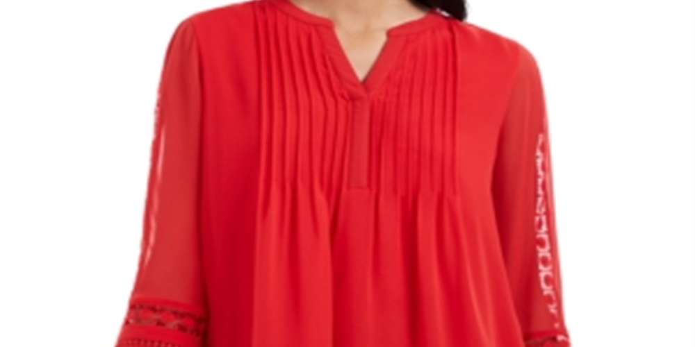 Top feminino Charter Club com manga transparente e pregas, vermelho, tamanho pequeno G
