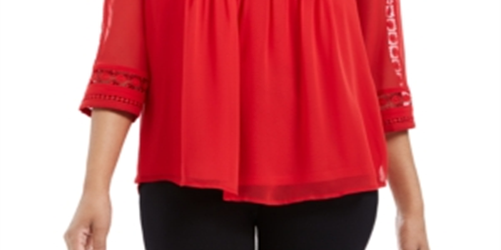 Top feminino Charter Club com manga transparente e pregas, vermelho, tamanho pequeno G