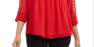 Top feminino Charter Club com manga transparente e pregas, vermelho, tamanho pequeno G