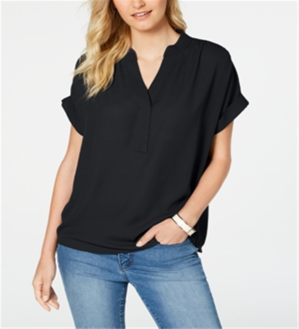 Blusa feminina Charter Club com decote aberto e manga curta, preta, tamanho pequeno