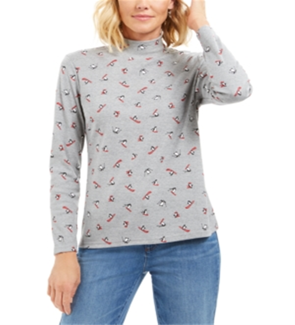 Karen Scott Camiseta Feminina Esqui Pinguins Estampada Gola Simulada Cinza Tamanho Grande